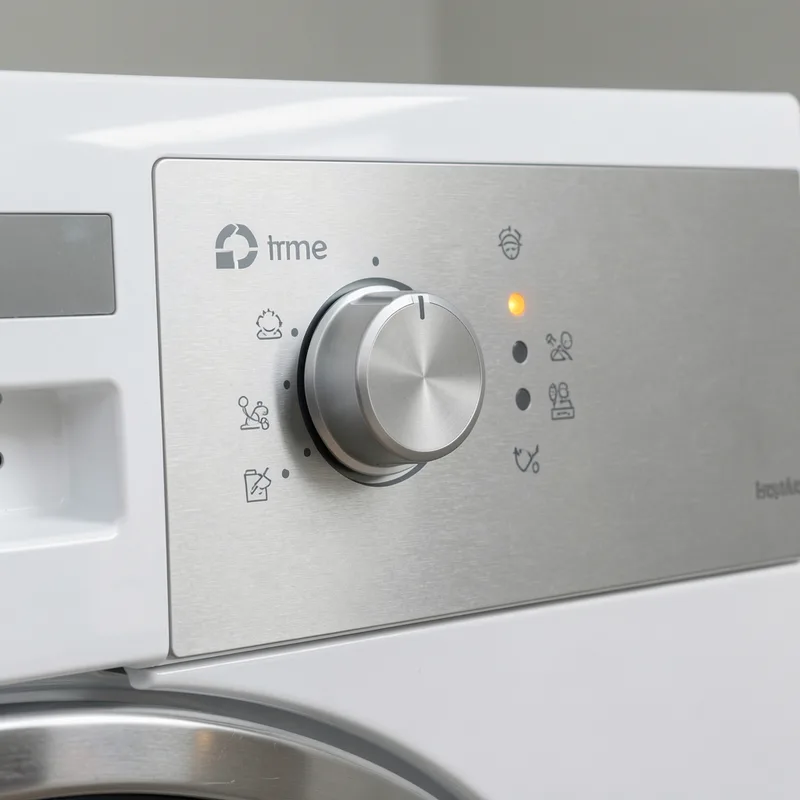 Bandeau de commande d&rsquo;un sèche-linge, molette de programmes et icônes de cycles éclairées