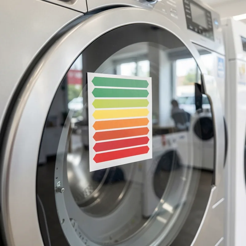 Étiquette énergie européenne collée sur la porte vitrée d&rsquo;un sèche-linge, échelle colorée de A à G