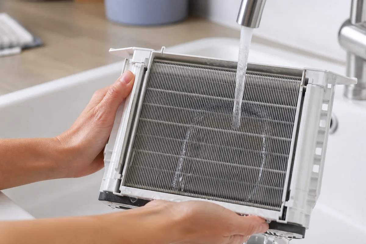 Lamelles du condenseur rincées sous un filet d’eau tiède au dessus d’un évier