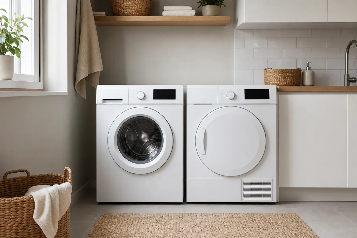 Buanderie d&rsquo;appartement avec un sèche-linge posé à côté d&rsquo;un lave-linge, sans gaine visible
