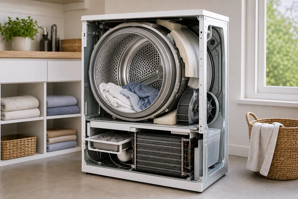 Vue en coupe schématique d&rsquo;un sèche-linge, tambour, filtre et condenseur mis en évidence