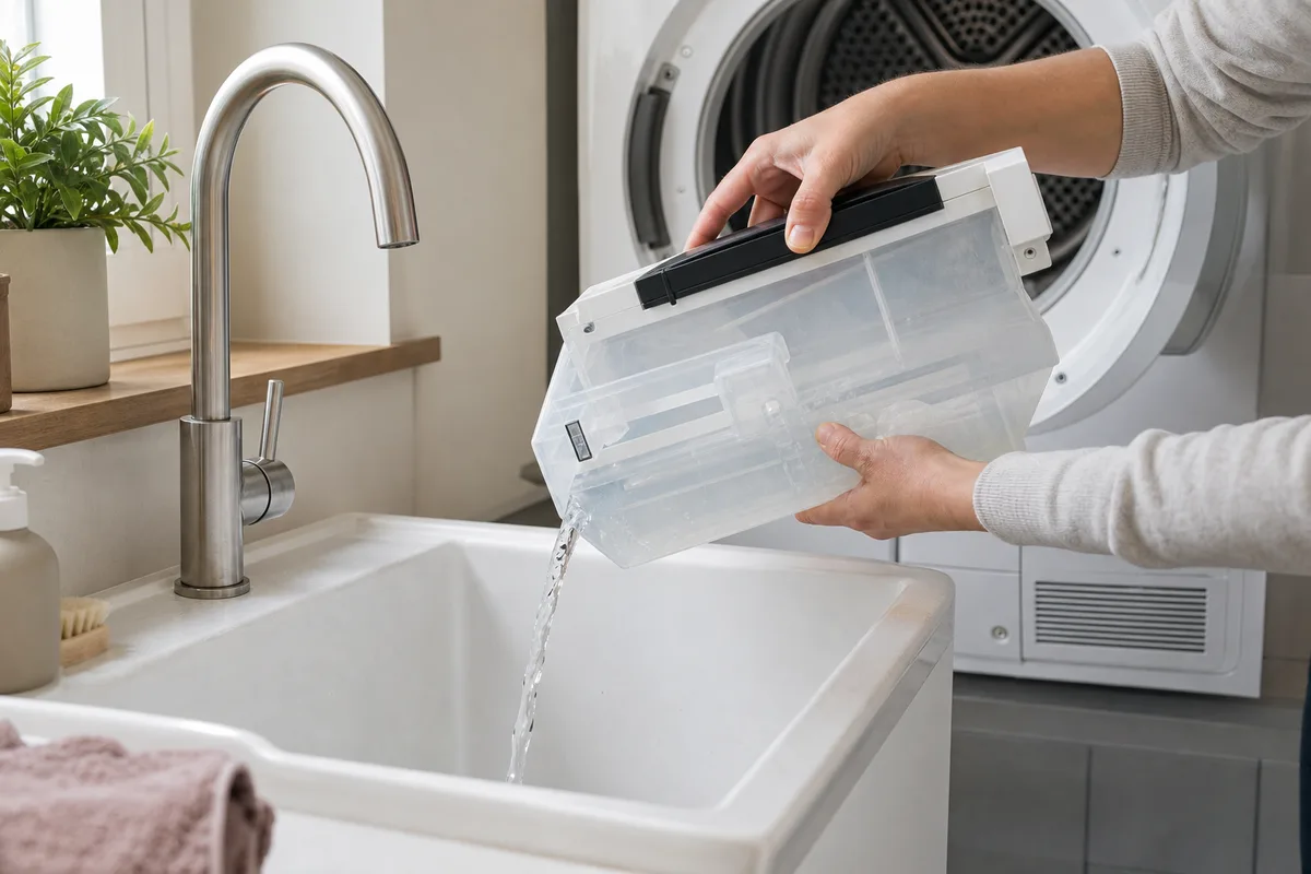 Bac à condensats retiré d&rsquo;un sèche-linge et vidé dans un évier de buanderie