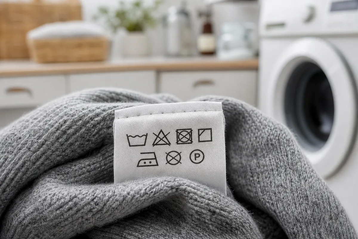 Étiquette d&rsquo;entretien cousue dans un pull gris, pictogrammes de lavage et de séchage vus en gros plan