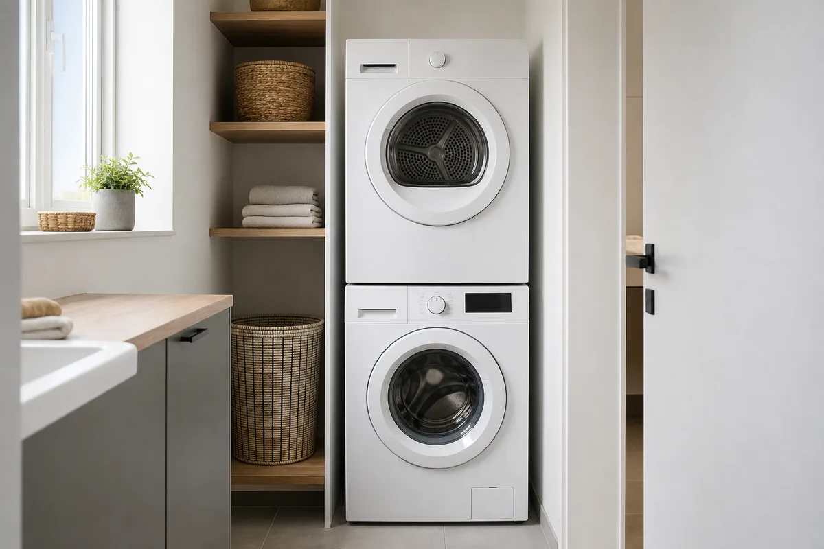 Colonne de lavage avec un sèche-linge posé sur un lave-linge dans une buanderie étroite