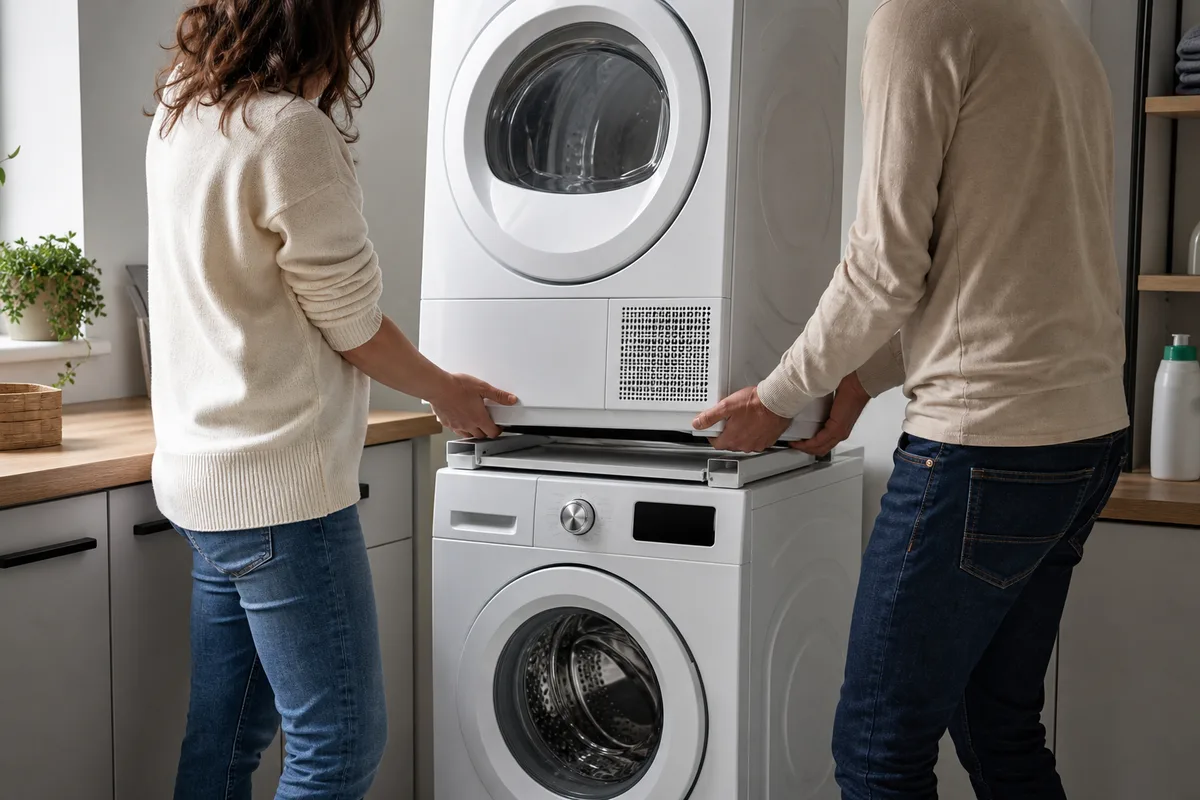 Panier de linge posé sur la tablette coulissante d’une colonne lave-linge et sèche-linge