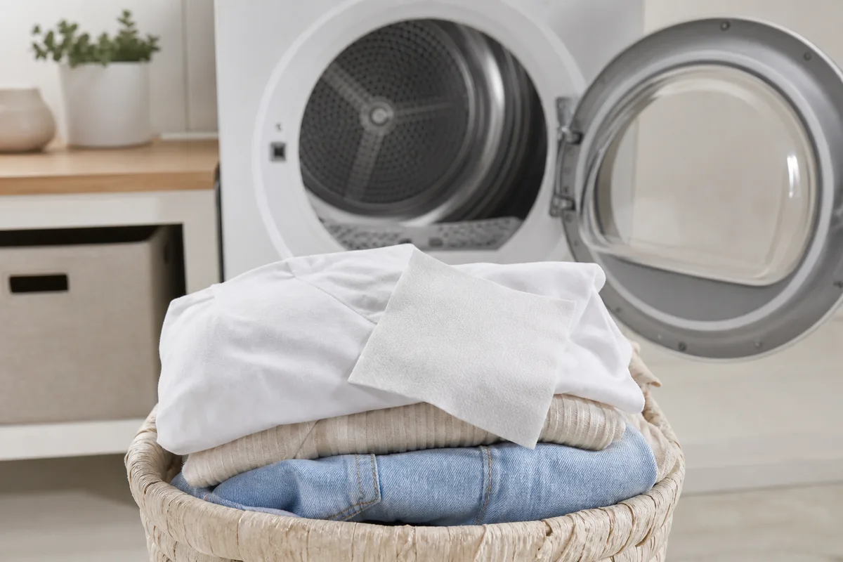 Lingette blanche posée sur une pile de linge devant le hublot ouvert d’un sèche-linge