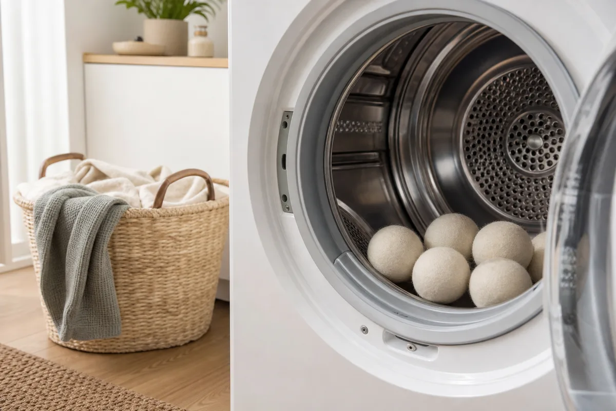 Balles de laine feutrées posées dans le tambour ouvert d’un sèche-linge, panier de linge à côté