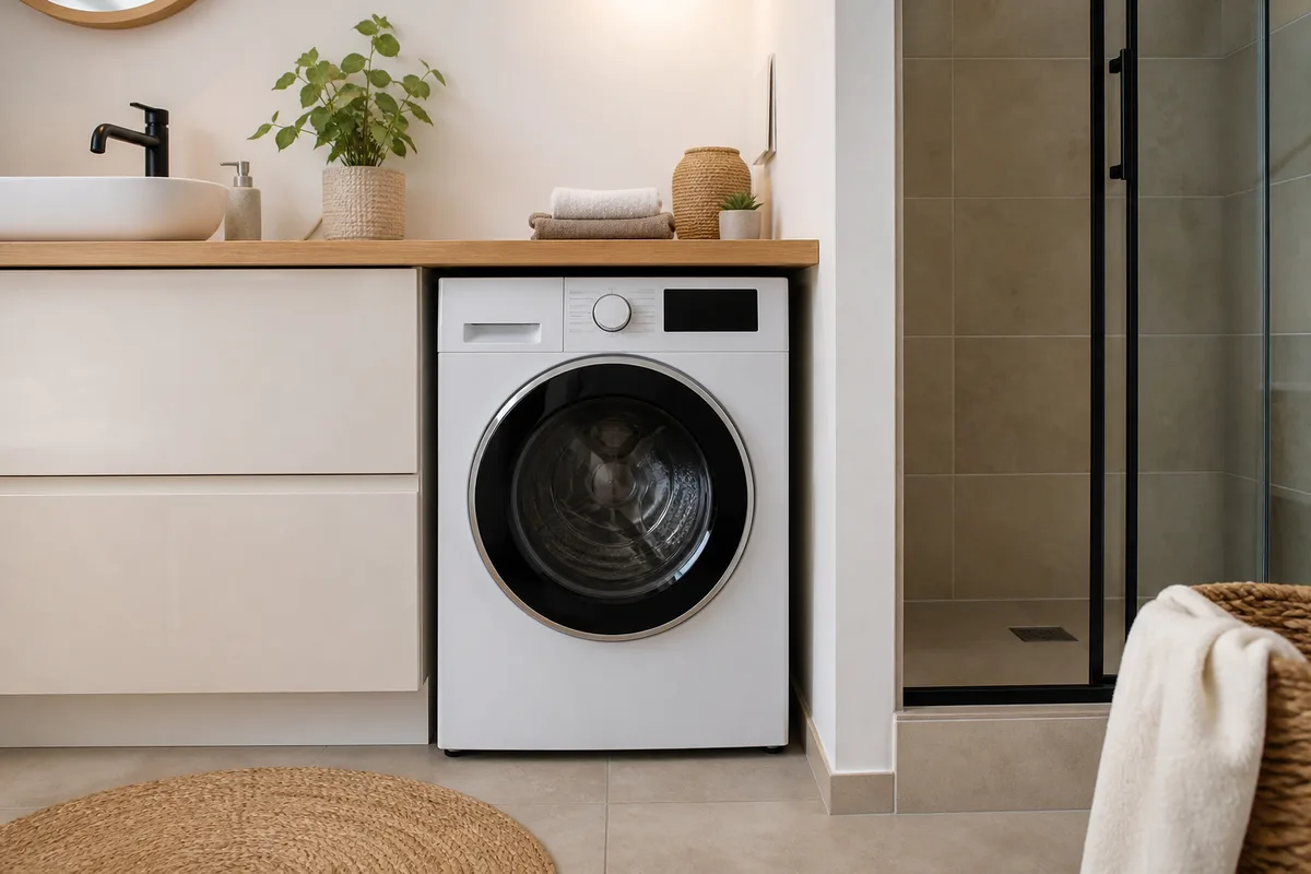 Lave-linge séchant encastré sous un plan de travail dans une petite salle de bain