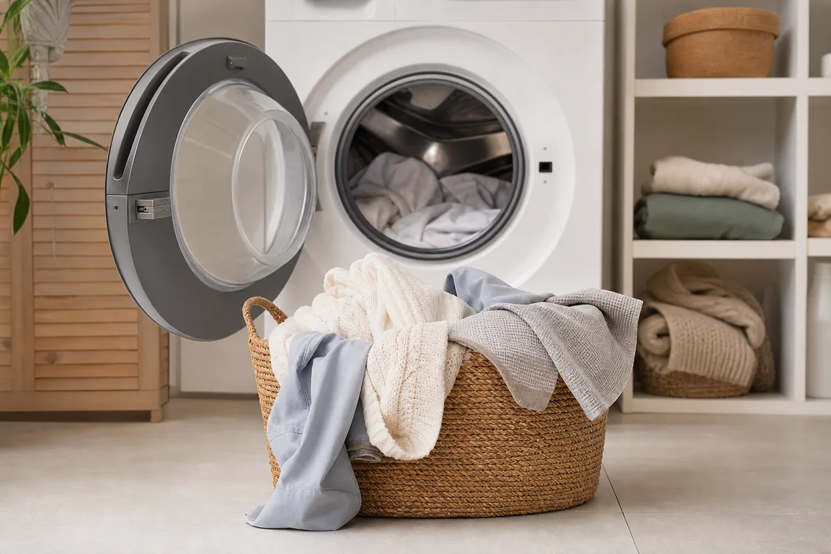 Panier de linge posé devant un hublot ouvert, machine à l’arrêt en fin de cycle