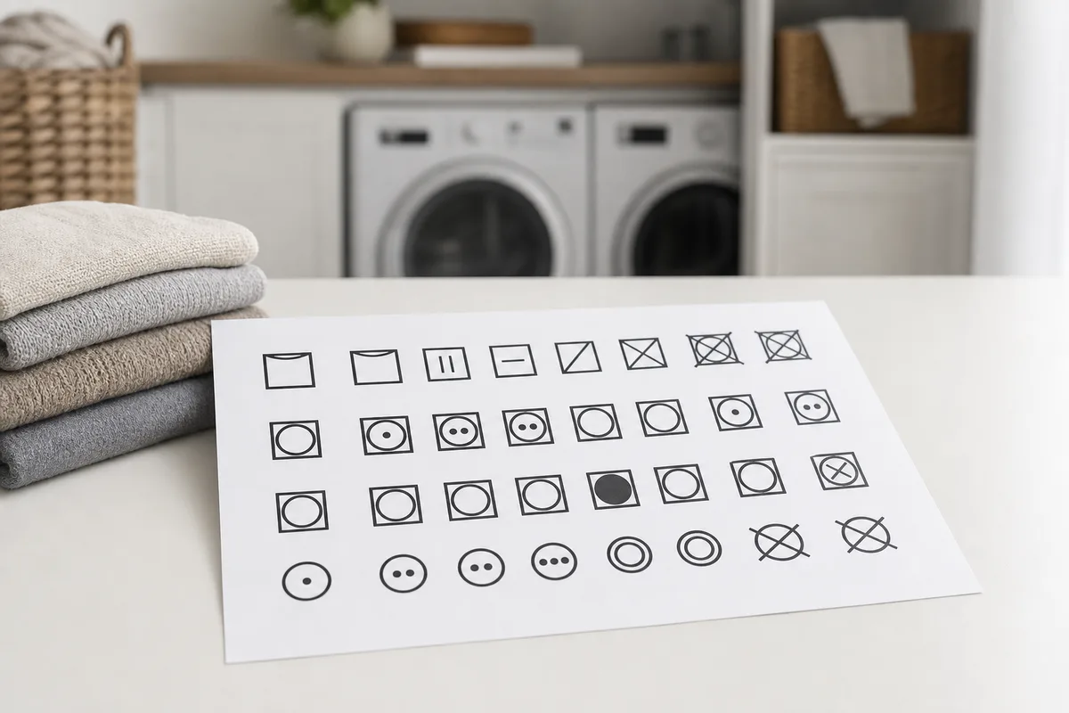Planche de pictogrammes d&rsquo;entretien textile imprimée, carrés et cercles de séchage bien visibles