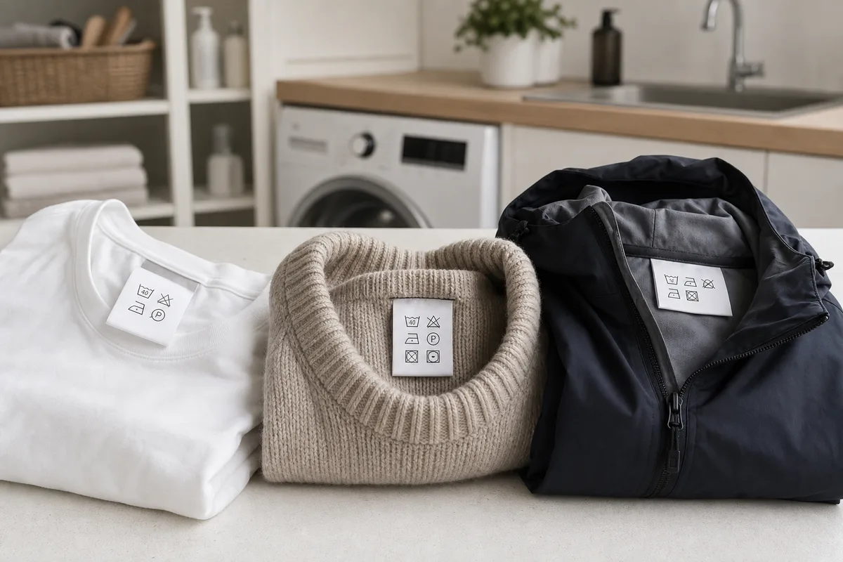 Trois vêtements posés sur une table, étiquettes retournées et lisibles, tee-shirt, pull et veste technique